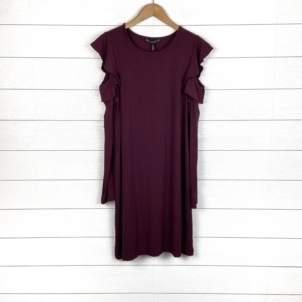 White House Black Market Long Sleeve Ruffle Shoulder Sheath Dress in Deep Plum - Picture 2 of 4